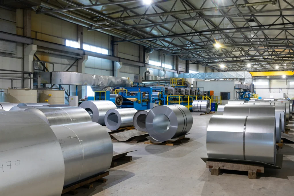 Galvanized steel coils on the floor of a coil processing line