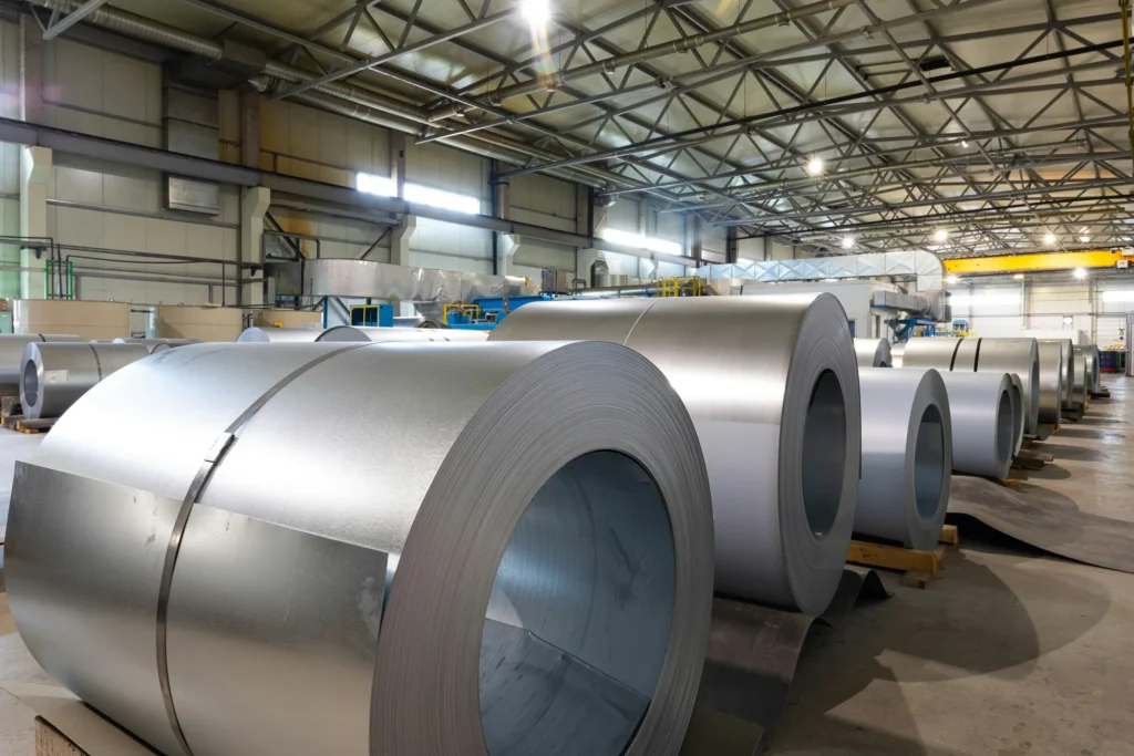 Steel coils in storage alongside a galvanizing line